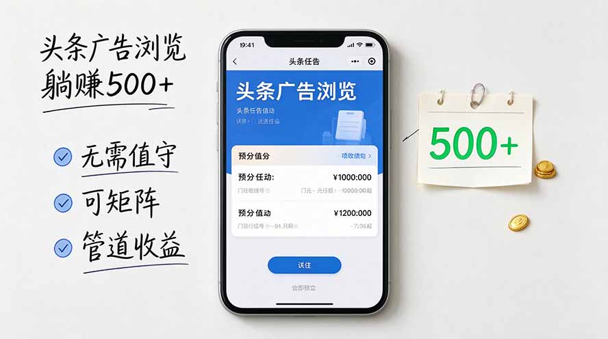 头条广告浏览躺赚500+无需值守,可矩阵并附有管道收益-副业网