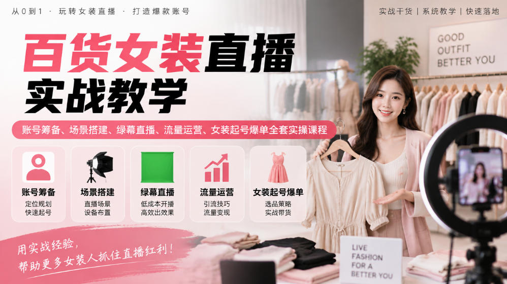 百货女装直播实战教学|账号筹备、场景搭建、绿幕直播、流量运营、女装起号爆单全套实操课程-副业网