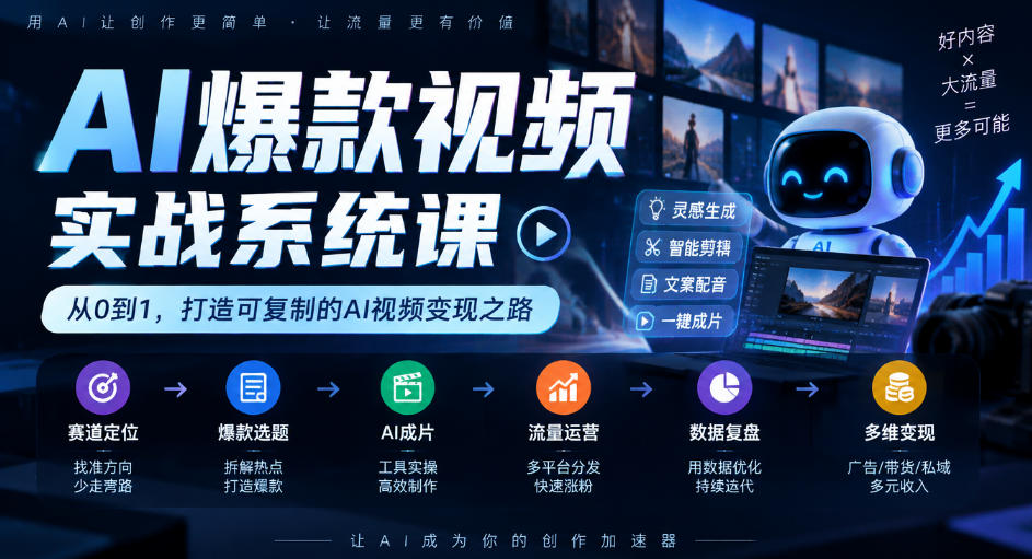 AI爆款视频实战系统课|赛道定位、爆款选题、AI成片、流量运营、数据复盘、多维变现全链路教学-副业网