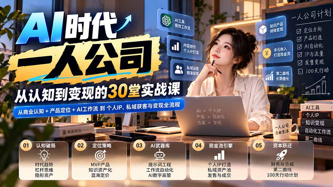 【无水印】AI时代一人公司30堂实战课:从商业认知+产品定位+AI工作流到个人IP、私域获客与变现全流程-副业网