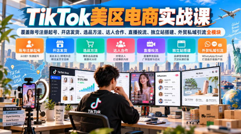 TikTok美区电商实战课,覆盖账号注册起号、开店发货、选品方法、达人合作、直播投流、独立站搭建、外贸私域引流全模块-副业网