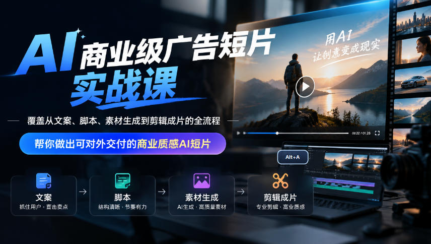 AI商业级广告短片实战课,覆盖从文案、脚本、素材生成到剪辑成片的全流程,帮你做出可对外交付的商业质感AI短片-副业网