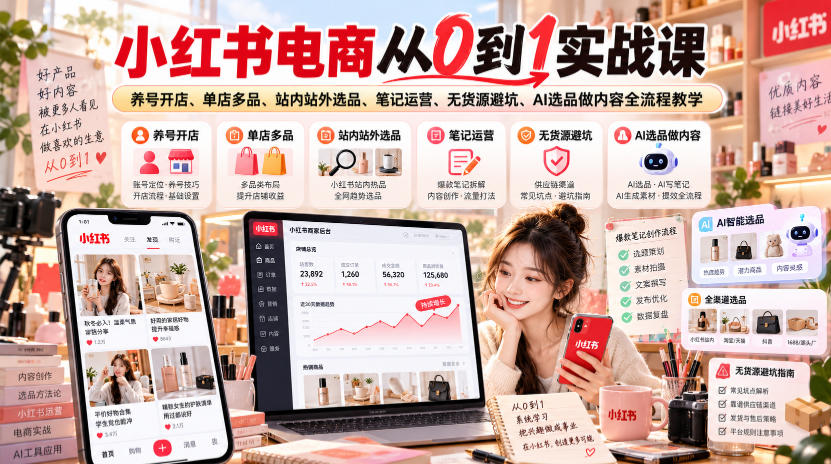 小红书电商从0到1实战课|养号开店、单店多品、站内站外选品、笔记运营、无货源避坑、AI选品做内容全流程教学-副业网