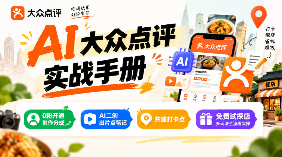 某局的AI大众点评实战手册,0粉开通创作分成、AI二创出片点笔记、共建打卡点、免费试探店多玩法全流程实操-副业网