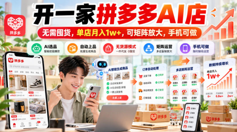 开一家拼多多AI店,无需囤货,单店月入1w+,可矩阵放大,手机可做【揭秘】-副业网