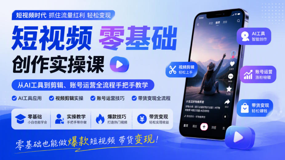 短视频零基础创作实操课,从AI工具到剪辑、账号运营全流程手把手教学,零基础也能做爆款短视频带货变现-副业网