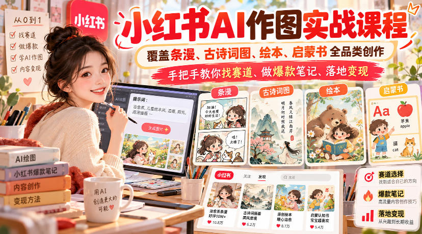 小红书AI作图实战课程，覆盖条漫、古诗词图、绘本、启蒙书全品类创作，手把手教你找赛道、做爆款笔记、落地变现(更新1009)-副业网