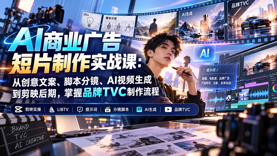 AI商业广告短片制作实战课:从创意文案、脚本分镜、AI视频生成到剪映后期,掌握品牌TVC制作流程-副业网