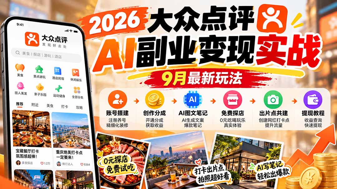 图片[2]-2026大众点评AI副业变现实战9月最新玩法：账号搭建+创作分成+AI图文笔记+免费探店+出片点共建与提现教程-副业网