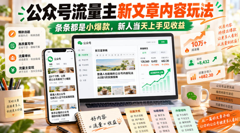 公众号流量主新文章内容玩法,条条都是小爆款,新人当天上手见收益-副业网