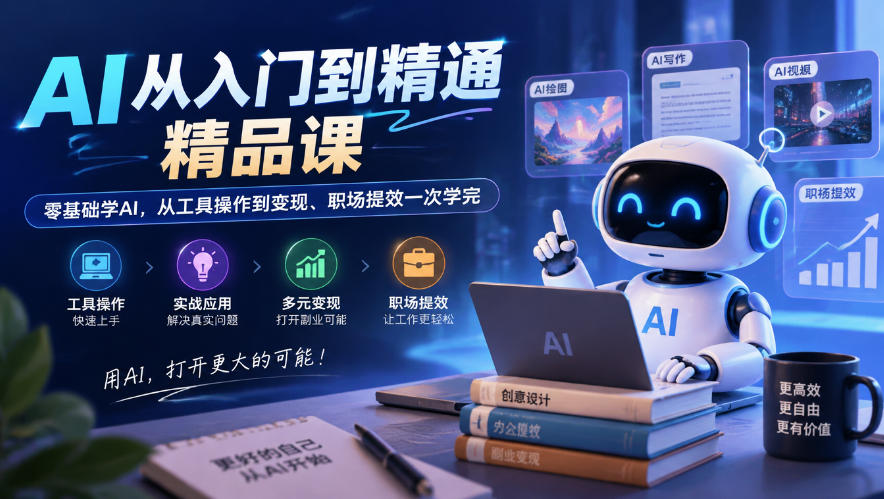 AI从入门到精通精品课，零基础学AI，从工具操作到变现、职场提效一次学完-副业网