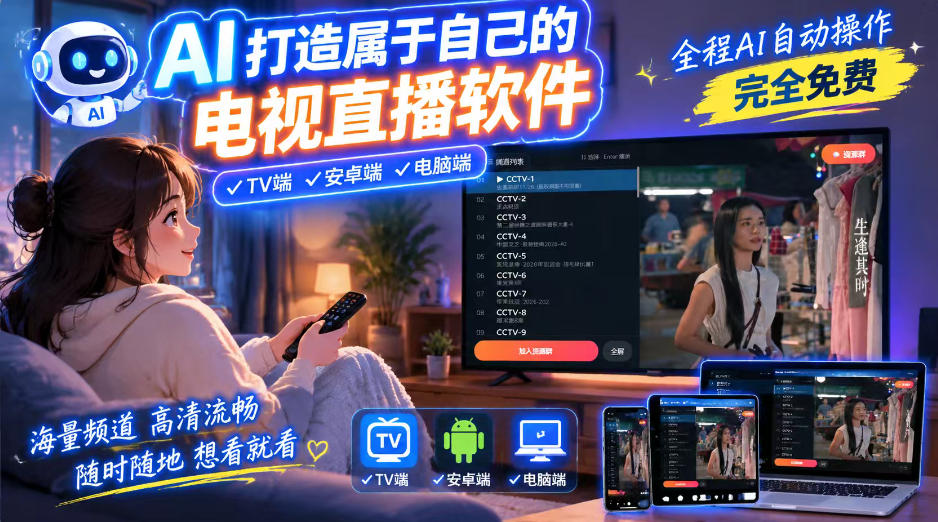 一个提示词，AI全自动做出电视直播软件，电脑、安卓、电视三端通用，完全免费，画质流畅不卡顿-副业网