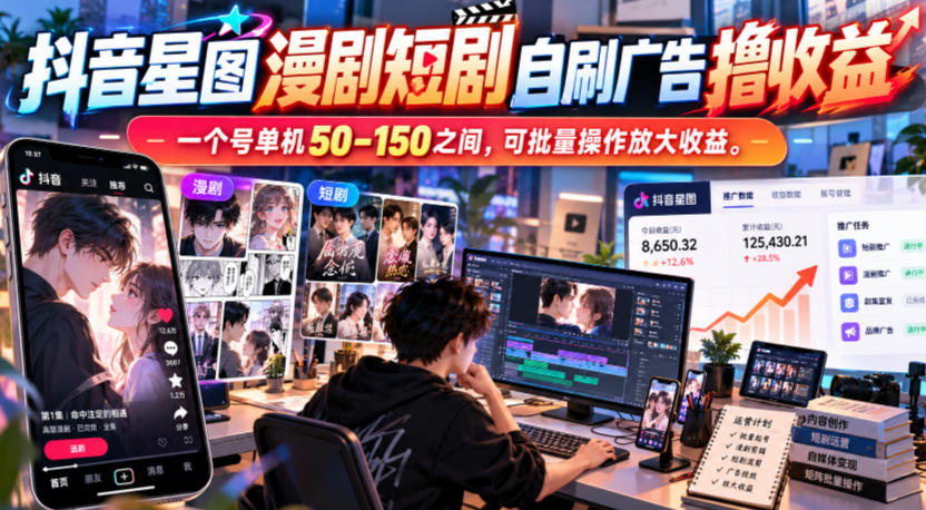 抖音星图漫剧短剧自刷广告撸收益,一个号单机50-150之间,可批量操作放大收益-副业网