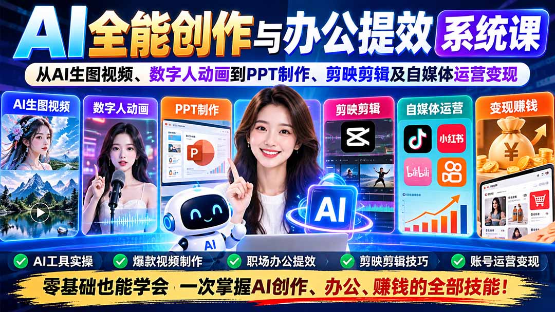 AI全能创作与办公提效系统课：从AI生图视频、数字人动画到PPT制作、剪映剪辑及自媒体运营变现-副业网