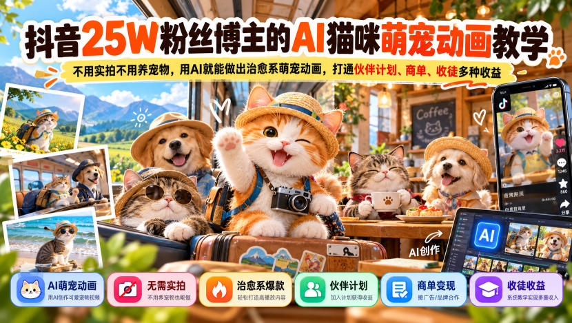抖音25W粉丝博主的AI猫咪萌宠动画教学，不用实拍不用养宠物，用AI就能做出治愈系萌宠动画，打通伙伴计划、商单、收徒多种收益-副业网