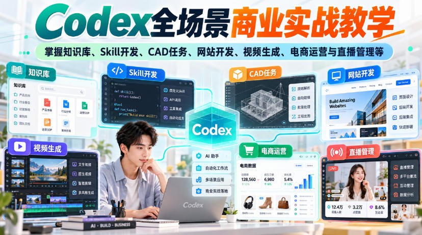 Codex全场景商业实战教学,掌握知识库、Skill开发、CAD任务、网站开发、视频生成、电商运营与直播管理等(更新1010)-副业网