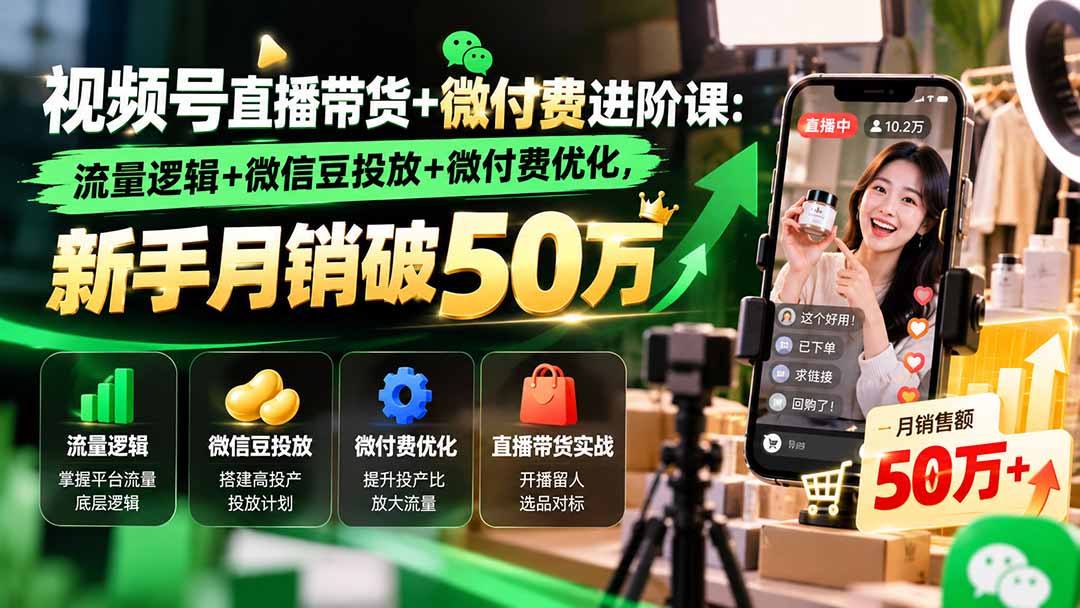 视频号直播带货+微付费进阶课-更新1010:流量逻辑+微信豆投放+微付费优化,新手月销破50万-副业网