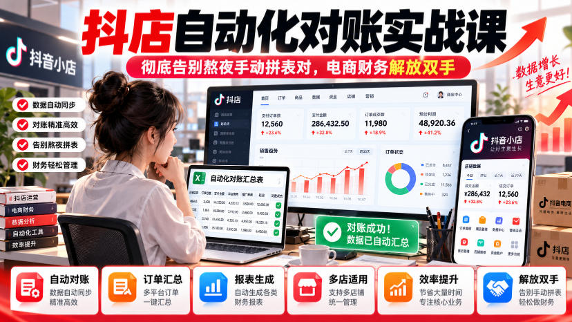 抖店自动化对账实战课,彻底告别熬夜手动拼表对,账电商财务解放双手-副业网
