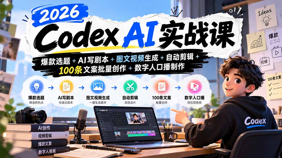 2026Codex AI实战课:爆款选题+AI写剧本+图文视频生成+自动剪辑+100条文案批量创作+数字人口播制作-副业网