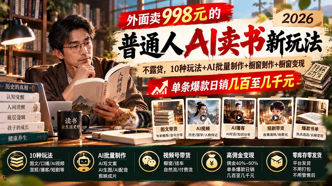 外面卖998元的2026普通人AI卖书新玩法:不露脸、不囤货,10种玩法+AI批量制作+橱窗变现,单条爆款日销几百至几千元-副业网