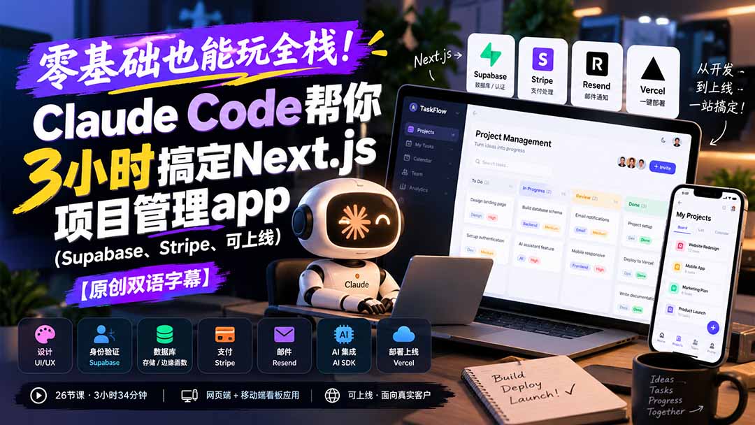 零基础也能玩全栈!Claude Code帮你3小时搞定Next.js项目管理app(Supabase、Stripe、可上线-副业网