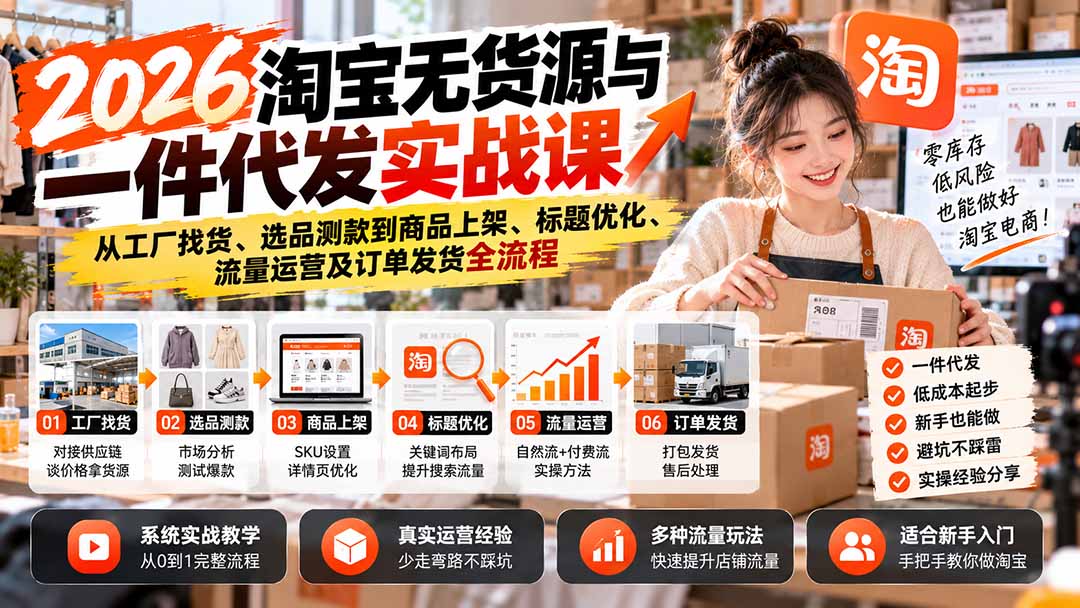 2026淘宝无货源与一件代发实战课：从工厂找货、选品测款到商品上架、标题优化、流量运营及订单发货全流程-副业网