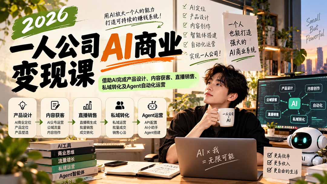 图片[2]-2026一人公司AI商业变现课：借助AI完成产品设计、内容获客、直播销售、私域转化及Agent自动化运营-副业网