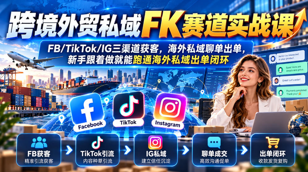 跨境外贸私域FK赛道实战课｜FB/TikTok/IG三渠道获客，海外私域聊单出单，新手跟着做就能跑通海外私域出单闭环-副业网