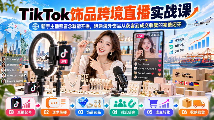 TikTok饰品跨境直播实战课,新手主播照着念就能开播,跑通海外饰品从获客到成交收款的完整闭环-副业网