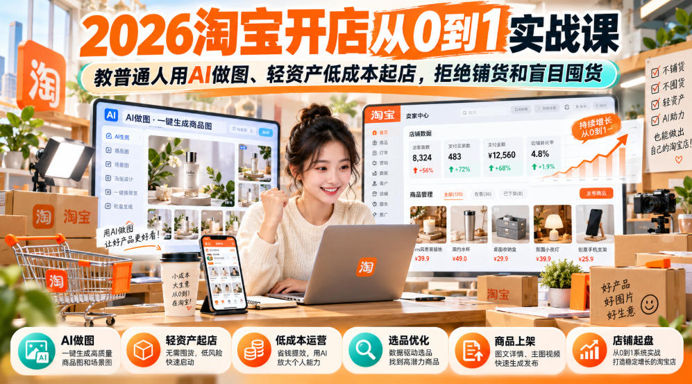 2026淘宝开店从0到1实战课,教普通人用AI做图、轻资产低成本起店,拒绝铺货和盲目囤货-副业网