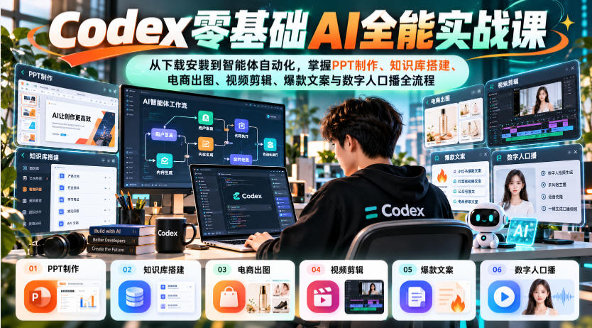 Codex零基础AI全能实战课:从下载安装到智能体自动化,掌握知识库搭建、电商出图、视频剪辑、爆款文案与数字人口播全流程-副业网