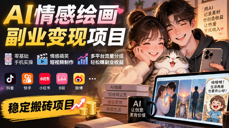 AI情感绘画副业变现项目｜零基础手机实操，情感搞笑短视频制作，多平台流量分成轻松賺副业收益-副业网