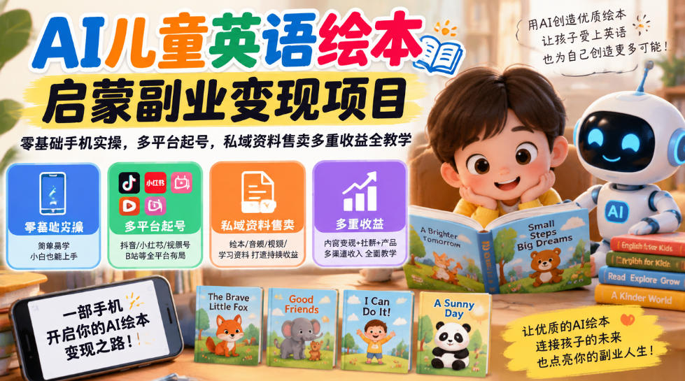 AI儿童英语绘本启蒙副业变现项目,零基础手机实操,多平台起号,私域资料售卖多重收益全教学-副业网
