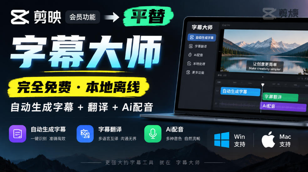 剪映会员功能平替,字幕大师完全免费本地离线,支持自动生成字幕+翻译+Ai配音,Win和Mac都支持!-副业网