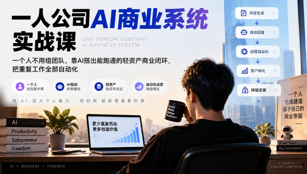 一人公司AI商业系统实战课,一个人不用组团队,靠AI搭出能跑通的轻资产商业闭环,把重复工作全部自动化-副业网
