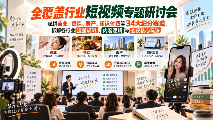 短视频专题研讨会，深耕美业、餐饮、房产、知识付费等34大细分赛道，拆解各行业流量规则、内容逻辑与变现核心玩法(更新1011)-副业网