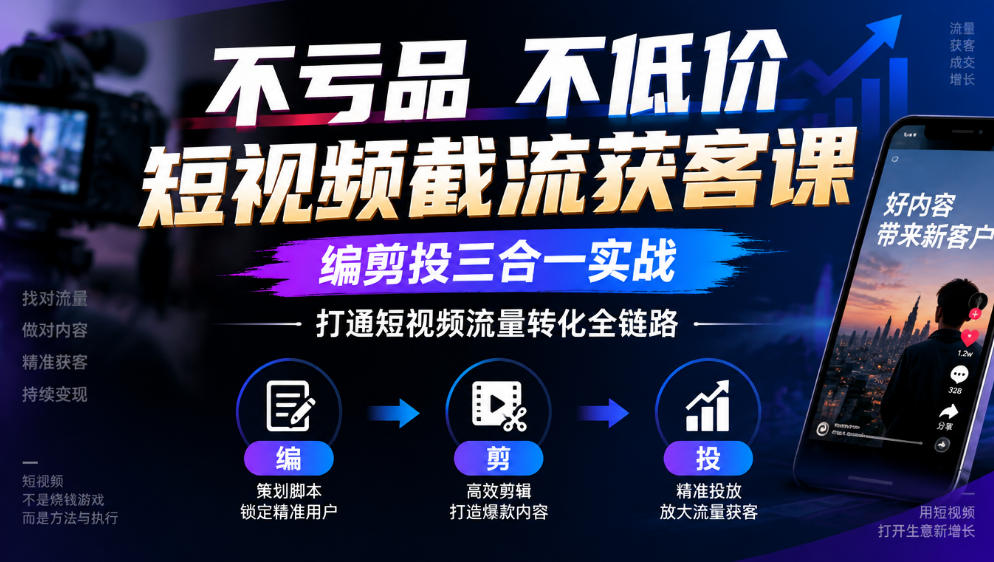 不亏品不低价短视频截流获客课，编剪投三合一实战，打通短视频流量转化全链路-副业网