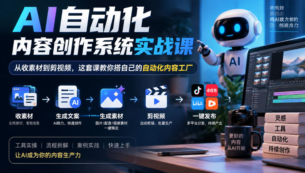 AI自动化内容创作系统实战课,从收素材到剪视频,这套课教你搭自己的自动化内容工厂-副业网