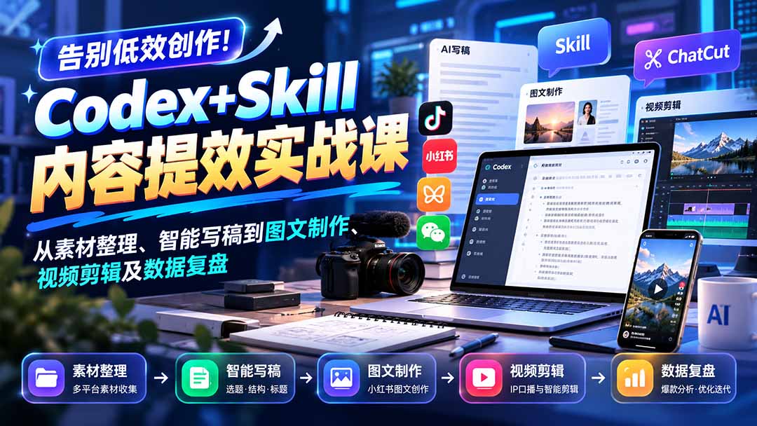 【无水印】告别低效创作！Codex+Skill内容提效实战课：从素材整理、智能写稿到图文制作、视频剪辑及数据复盘-副业网