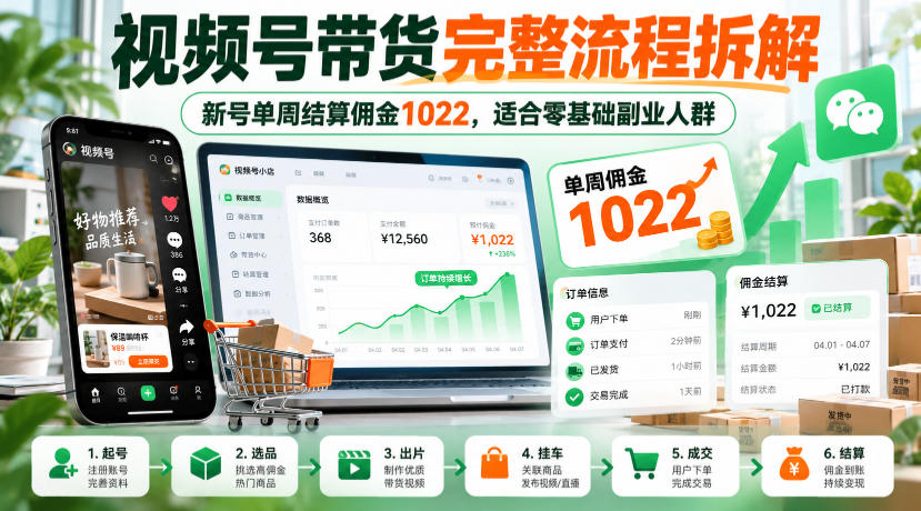视频号带货完整流程拆解,新号单周结算佣金1022,适合零基础副业人群-副业网