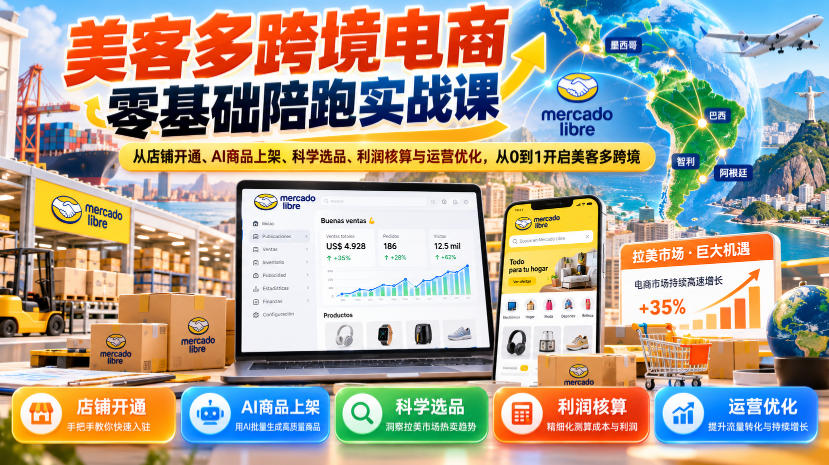 美客多跨境电商零基础陪跑实战课:从店铺开通、AI商品上架、科学选品、利润核算与运营优化,从0到1开启美客多跨境-副业网