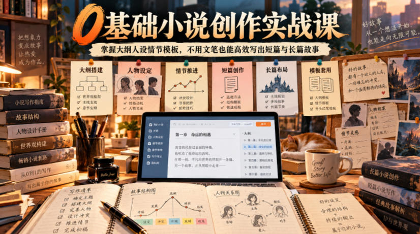 0基础小说创作实战课｜掌握大纲人设情节模板，不用文笔也能高效写出短篇与长篇故事-副业网