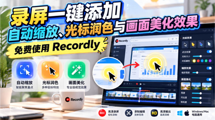 录屏一键添加自动缩放、光标润色与画面美化效果,免费使用Recordly-副业网