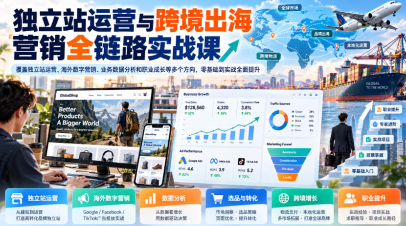 独立站运营与跨境出海营销全链路实战课,覆盖独立站运营、海外数字营销、业务数据分析和职业成长等多个方向,零基础到实战全面提升-副业网