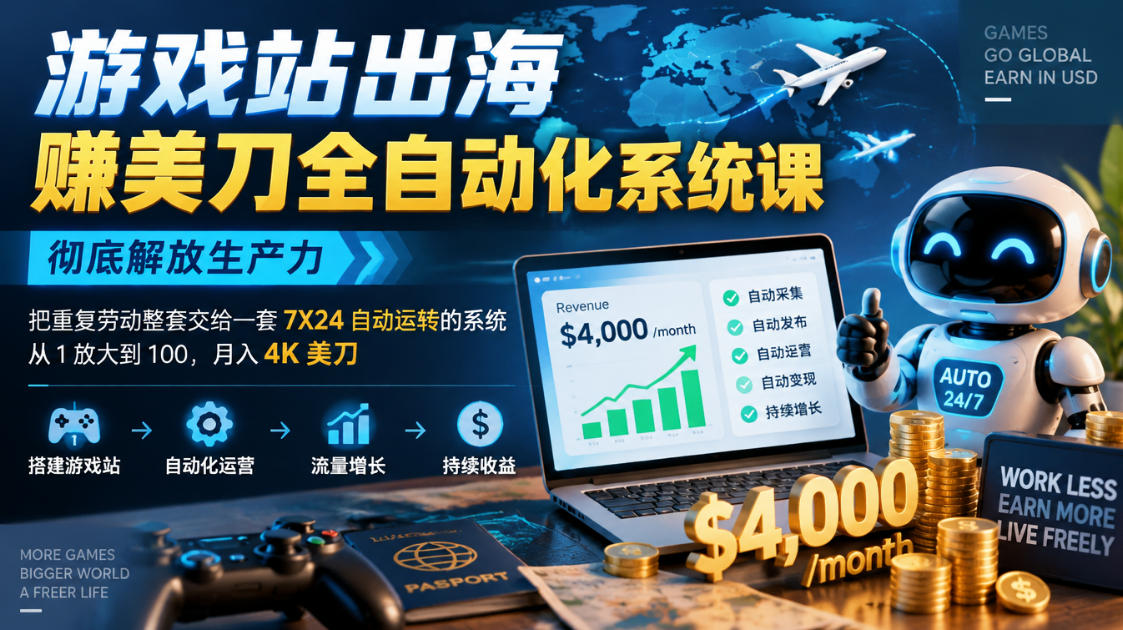 游戏站出海賺美刀全自动化系统课,彻底解放生产力–把重复劳动整套交给一套7X24自动运转的系统,从1放大到100,月入4K美刀-副业网