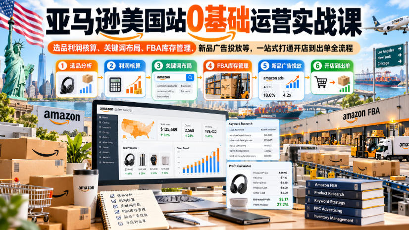 亚马逊美国站0基础运营实战课|选品利润核算、关键词布局、FBA库存管理、新品广告投放等,一站式打通开店到出单全流程-副业网