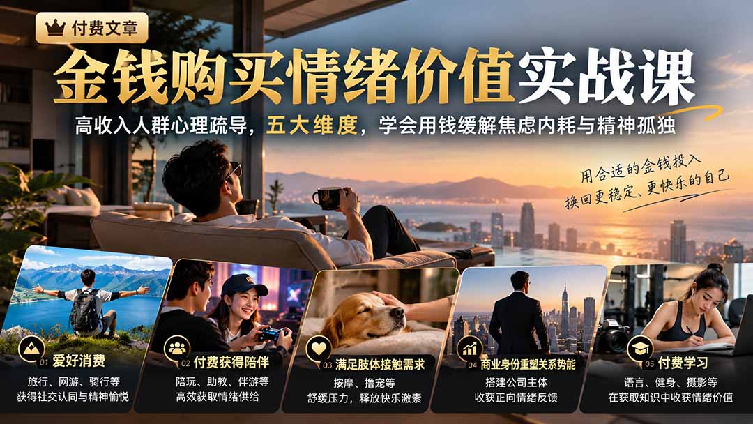 付费文章：金钱购买情绪价值实战课｜高收入人群心理疏导，五大维度，学会用钱缓解焦虑内耗与精神孤独-副业网