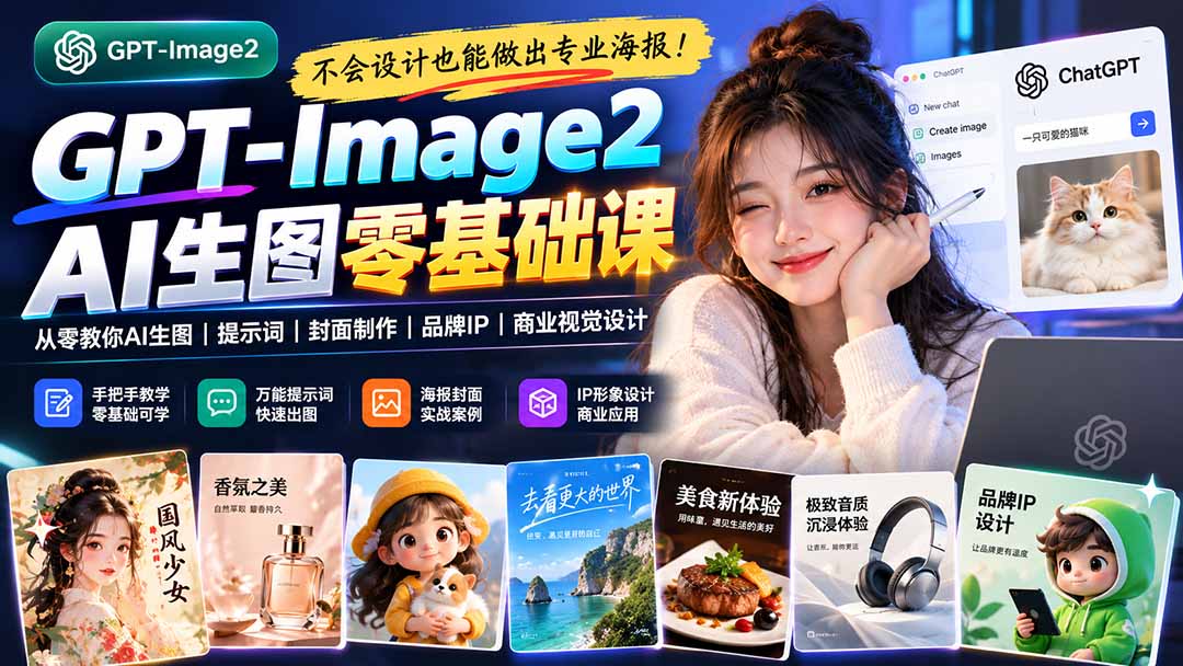 不会设计也能做出专业海报！GPT-Image2从零教你AI生图、提示词、封面制作、品牌IP与商业视觉设计-副业网