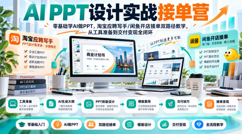 AI PPT设计实战接单营|零基础学AI做PPT,淘宝应聘写手/闲鱼开店接单双路径教学,从工具准备到交付变现全闭环-副业网