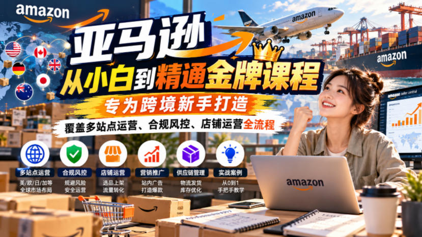 亚马逊从小白到精通金牌课程,专为跨境新手打造,覆盖多站点运营、合规风控、店铺运营全流程-副业网